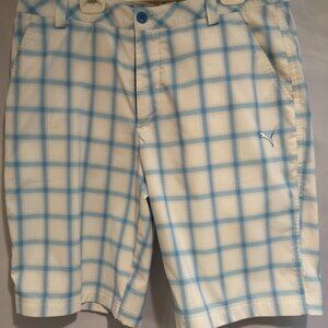 Puma Men's Size 34 Waist Light Blue & White Checkered Flat Front Shorts